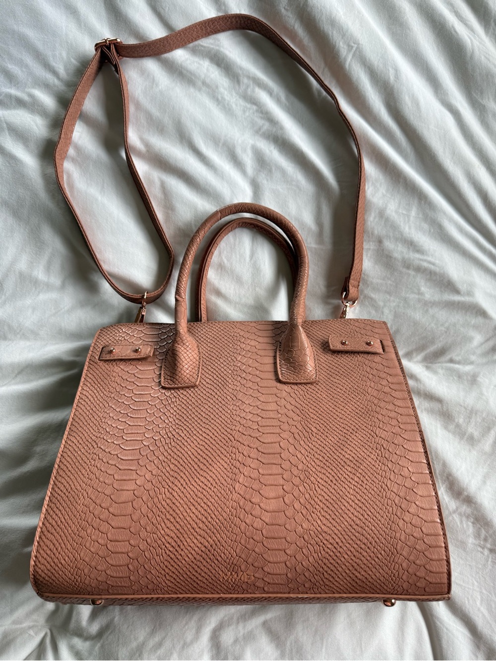 Structured Faux-Snake Leather Tote in Dusty Rose with Removable Strap